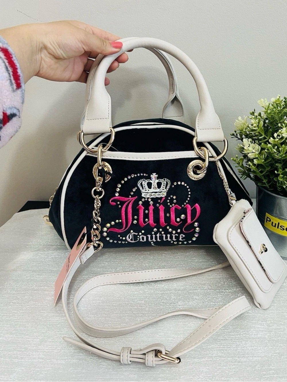 Juicy Couture Black Velvet Satchel with White Leather Trim and Pink Logo